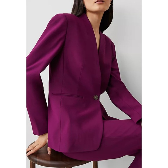 Ann Taylor The Petite Long Collarless Blazer Bi-Stretch Plum Burst 00P new - Picture 13 of 13